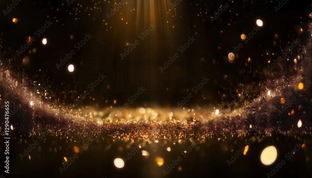 Poster shimmering golden lights with soft glowing particles and sparkling stars falling in dark space background for design