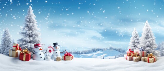 Festive winter landscape featuring cheerful snowmen wearing hats alongside colorful gift boxes under a bright blue sky with falling snowflakes