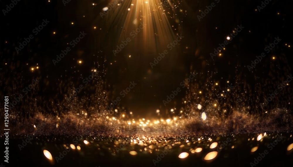 Poster shimmering golden lights with soft glowing particles and sparkling stars falling in dark space backg