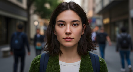 Fototapeta premium Portrait of a Young Woman on a Bustling Urban Street