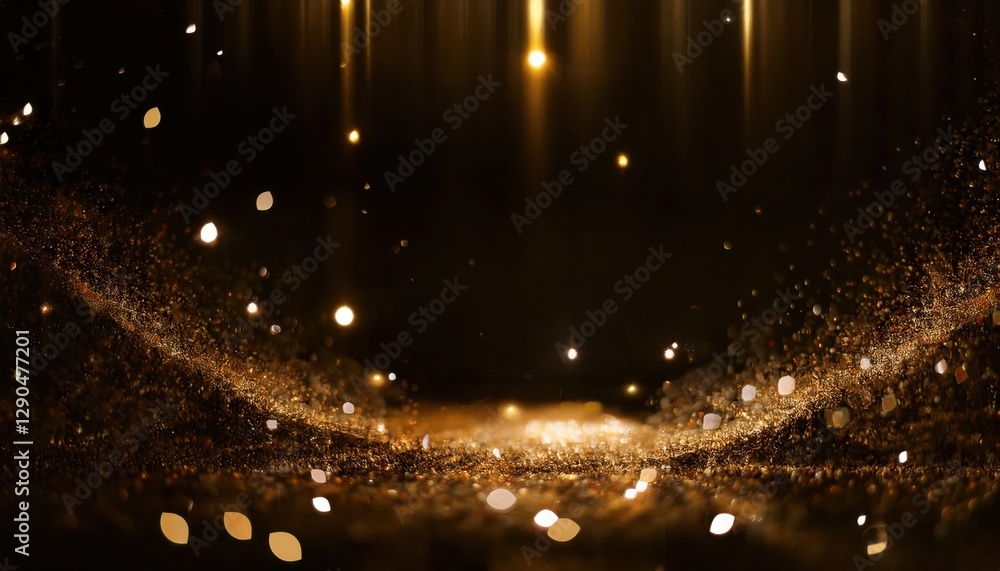 Poster shimmering golden lights with soft glowing particles and sparkling stars falling in dark space backg