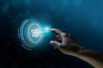 Index finger about to press the atom button, atom icon, display screen, touch screen, Composite...