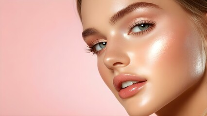 Fototapeta premium A close-up of a woman's face with soft makeup, glowy skin, and a light pink background, highlighting her features. Concept Close-Up Photography, Soft Makeup, Glowy Skin, Light Pink Background