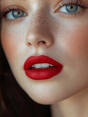 Naklejka premium Beauty portrait of freckled model showing perfect red lips and skin