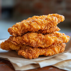 Crispy fried chicken tenders stacked on brown paper, showcasing golden texture