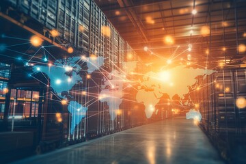 Global logistics network overlay in modern warehouse with digital connectivity