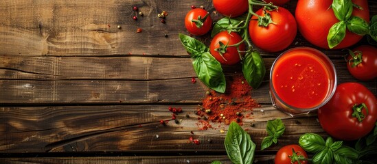 Fresh tomato juice in a glass on a wooden table with ripe red tomatoes and green basil leaves surrounding it, flat lay with ample copy space.