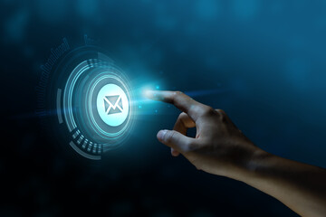 Index finger about to press the mail button, mail icon, display screen, touch screen, Composite...