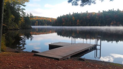 Serene Lake at Sunrise with Wooden Dock