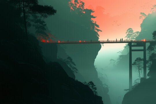 Bridge walkers amidst misty mountains with sunset sky background for travel blog