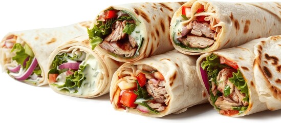 Sliced Turkish wraps filled with meat, veggies, and yogurt sauce arranged in a staggered line with a white background emphasizing freshness and flavor.