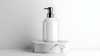 Obraz premium A white soap dispenser stands on a marble pedestal against a plain backdrop. Concept Minimalist Design, Elegant Marble Pedestal, Modern Home Decor, Clean Aesthetic, Functional Art