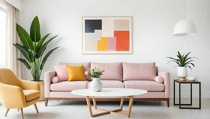 The image depicts a modern living room with a pink sofa, a white coffee table, and a yellow armchair. The room features a colorful abstract painting on the wall,	
