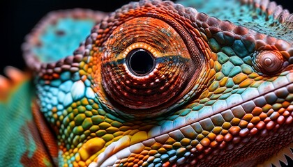 Fototapeta premium Macro shot of a chameleon’s skin, highlighting its detailed texture and vibrant color transitions, showcasing the unique and adaptive nature of this reptile
