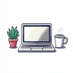 Modern desk setup with laptop, coffee cup, and potted plant