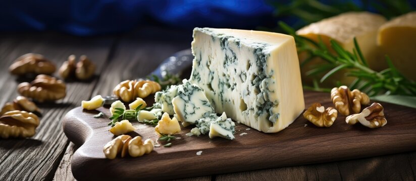 Blue cheese wedge with thyme and walnuts on a rustic wooden cheese board alongside knives against a blurred blue background.