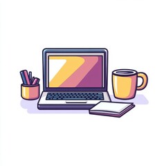 Fototapeta premium Colorful Workspace with Laptop, Coffee Mug, and Stationery Supplies