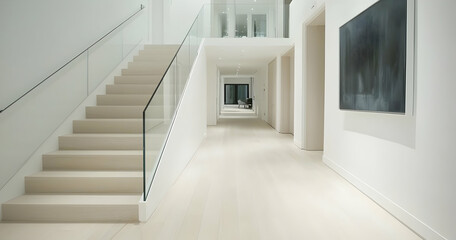 Fototapeta premium Elegant White Entry Hall with Glass Stairs and Oak Flooring.