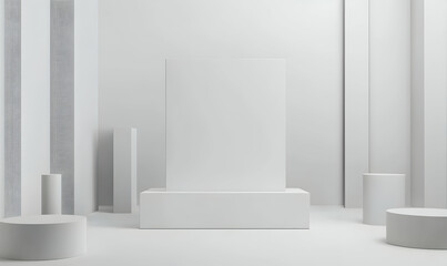 A blank gallery display mockup in a sleek, minimalist space surrounded by white walls.