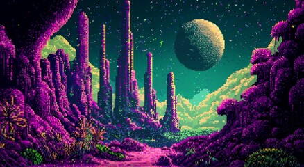 Obraz premium Experience the creativity of a colorful extraterrestrial landscape in pixel art.