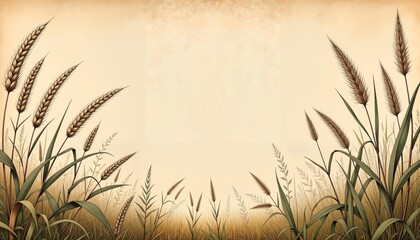 Vintage wild grass border etching on aged parchment background, nature art