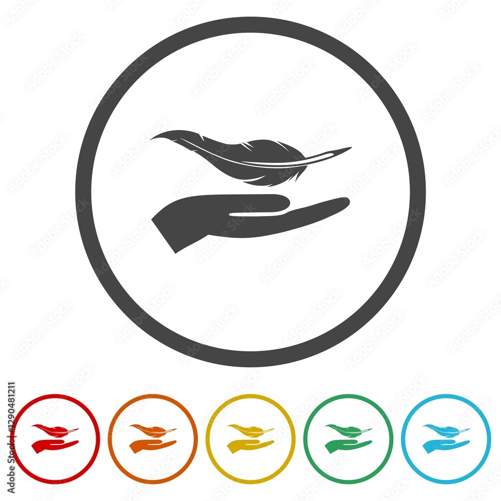Poster sensitive icon with soft feather. lightweight feather on hand icon. set icons in color circle button