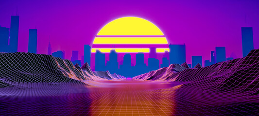 Stylish retro futuristic cityscape. 3D grid in a mountainous canyon under a sunset. Neon styles of the 80s 90s city. Retro wave background. 3D illustration © Orange Dragon Studio