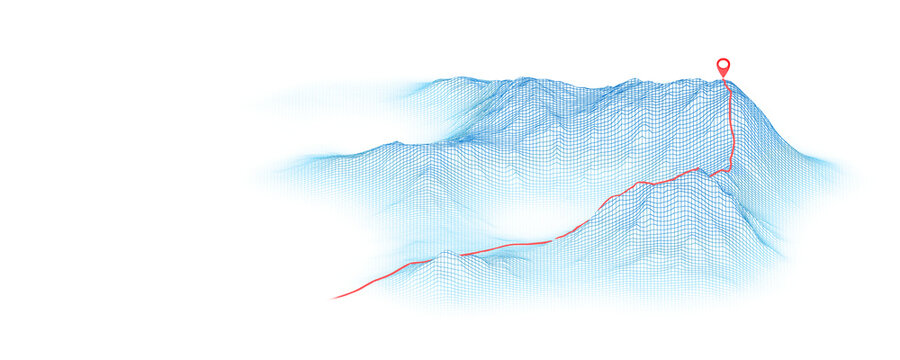 Banner of mountain route with a red point marking the peak, designed for visualizing tourist routes. For tour operators and guide instructors. Copy Space. Isolated. White background. 3D illustration