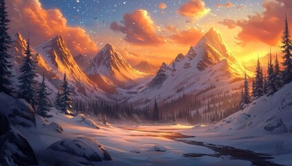Captivating Illustrative Landscape of Colorful Winter Peaks
