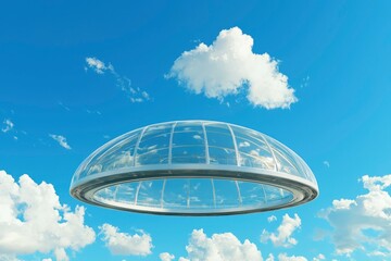 Dome-shaped glass structure is floating in the sky with clouds in the background