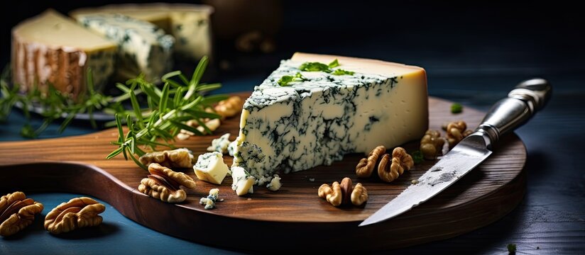 Blue cheese wedge garnished with fresh thyme and walnuts displayed on a wooden cheese board alongside a silver knife against a dark background