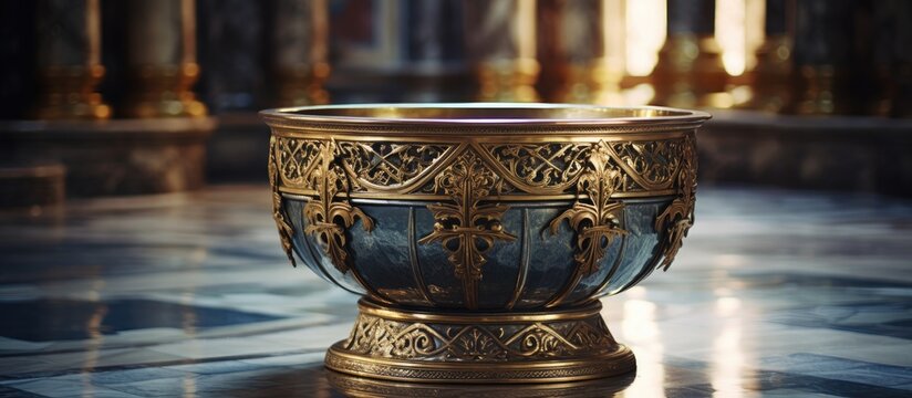 Baptismal font intricately designed with gold detailing on blue marble floor illuminated by soft light, highlighting ornate craftsmanship in church setting.