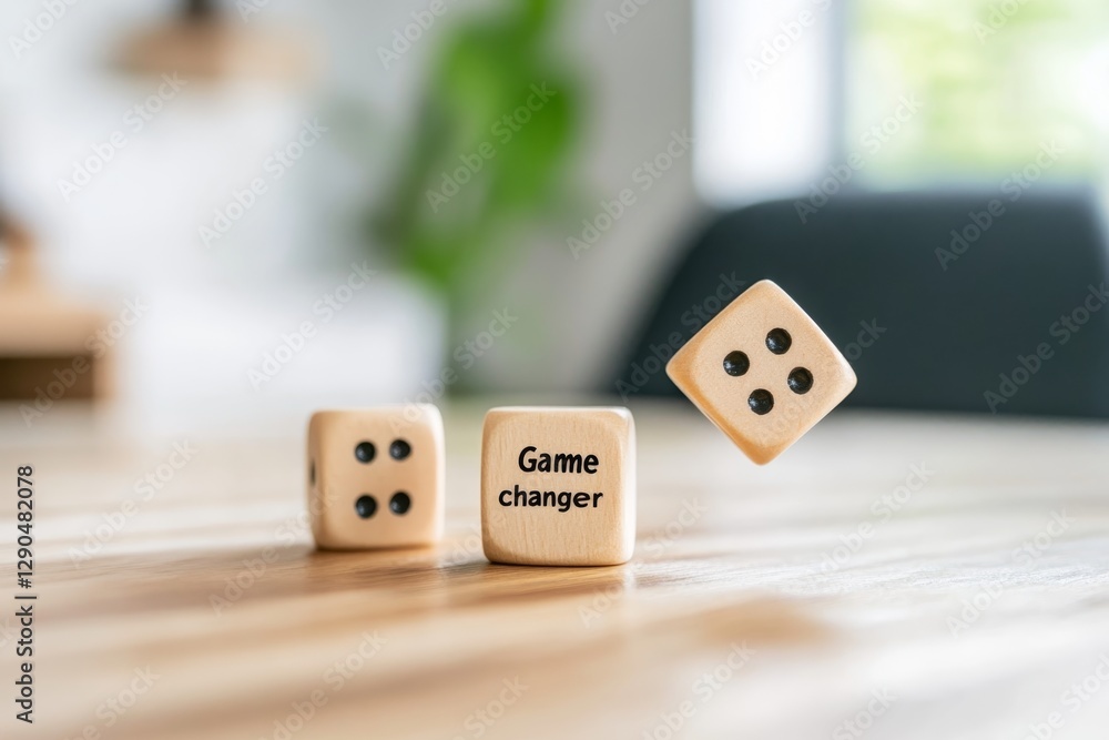 Poster playing with dice to explore possibilities and create unique outcomes in a modern workspace environm