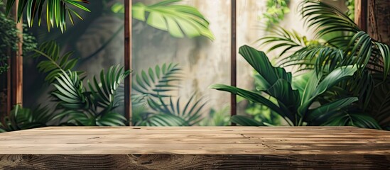 Wooden table on foreground with lush green tropical plants in background creating a serene natural atmosphere ideal for product display.
