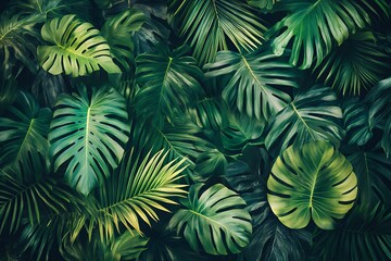 Lush tropical foliage with vibrant green monstera and palm leaves