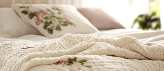 Cozy arrangement featuring a white knitted blanket with floral patterns draped over a bed, soft pink accents, and natural light enhancing warmth.