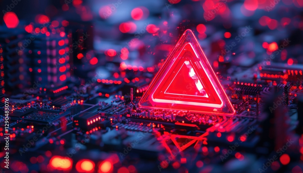 Poster glowing red warning symbol on circuit board with out-of-focus lights background