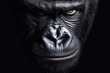 Majestic gorilla head captured in close-up with striking gaze and detailed facial features on a dark background