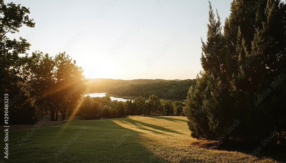 Poster sunset over a lake surrounded by trees and grass field. nature background