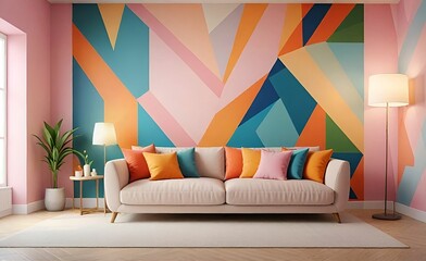 This image features a modern living room with a wall of geometric designs in shades of pink, orange, blue, and green.	
