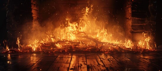 Vibrant flames engulfing a wooden surface, orange and yellow hues dominate the scene, creating dramatic contrast against a dark background.