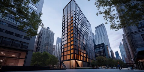 Naklejka premium Modern office building surrounded by city skyscrapers at dusk
