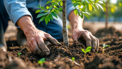 Hands planting young tree in soil, symbolizing growth, sustainability, environmental care. Sunlight highlights details of rough hands, fresh leaves, rich soil, creating warm, natural atmosphere.