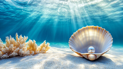White mollusk shell with pearl on the bottom of a transparent ocean or blue sea. Vertical template design for advertising tourism, vacation and travel to the sea with space for text