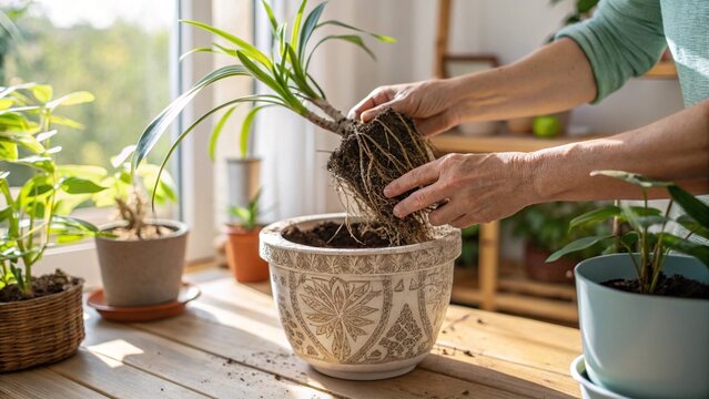 Hands repotting a root-bound plant into fresh soil in spring