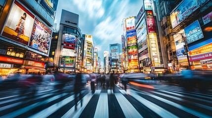 Obraz premium Bustling Neon Lit City Street in Downtown Tokyo at Night with Blurred Crowds and Traffic