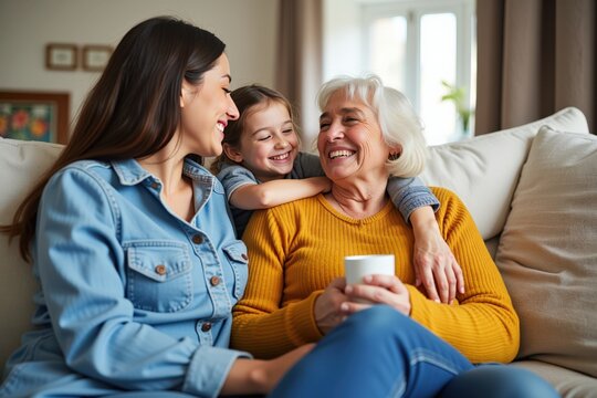 A Heartwarming Moment of Connection Among Three Generations: A Young Girl Enjoys Cuddles with Her Mother and Grandmother in a Cozy Living Room Setting - Powered by Adobe