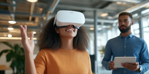 Woman using virtual reality headset with colleague holding tablet