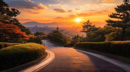 Fototapeta premium Captivating Autumn Passage Overlooking the Iconic Japanese Cityscape Beneath a Vibrant Sunset Sky