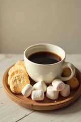 Aromatic Coffee Break with Sweet Treats  A delightful cup of coffee accompanied by crisp cookies and fluffy marshmallows, all arranged on a rustic wooden tray for a cozy and inviting moment.